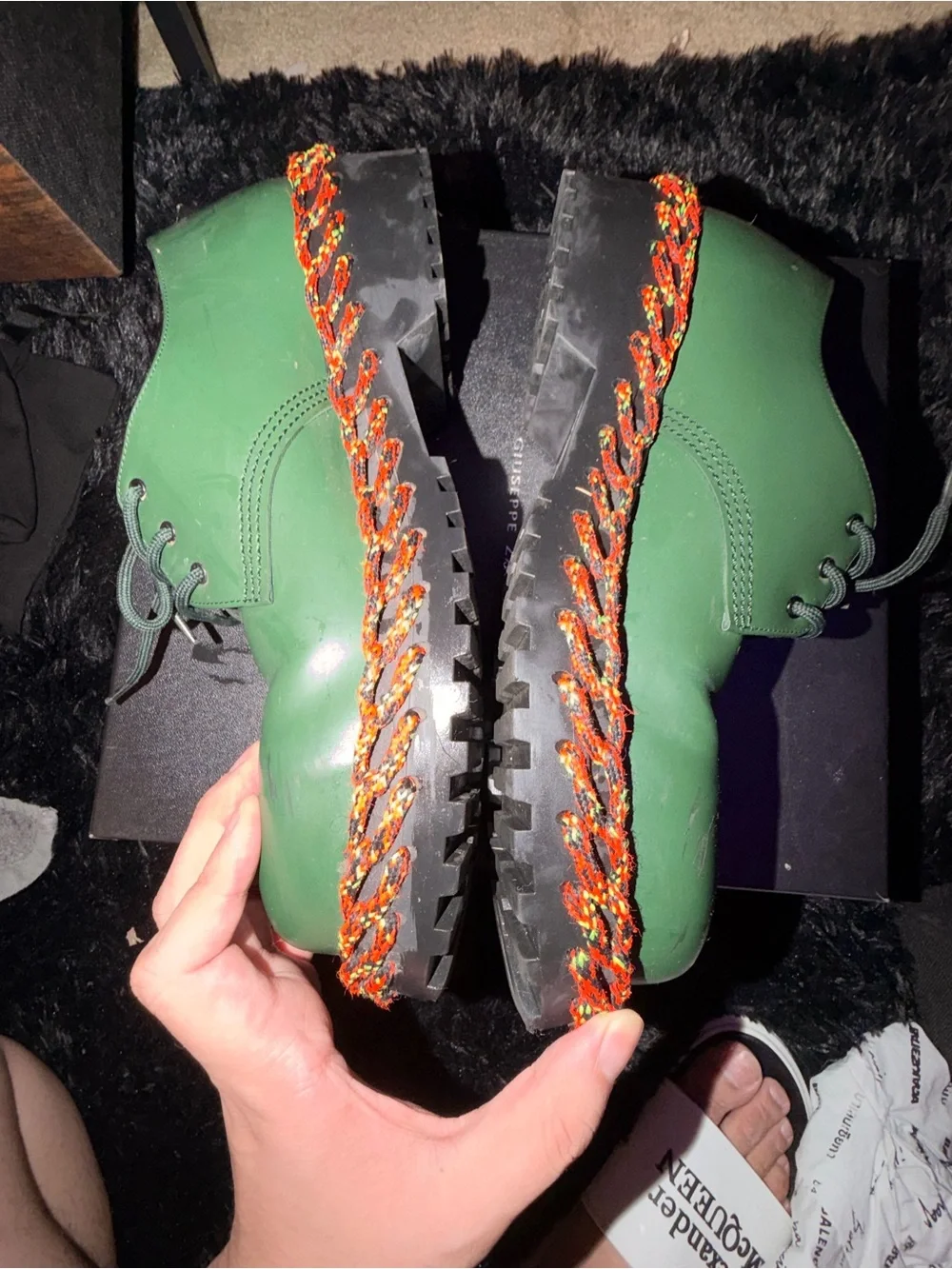 Balenciaga Green Lace-Up Platform Men Boots with Multicolor Braided Sole